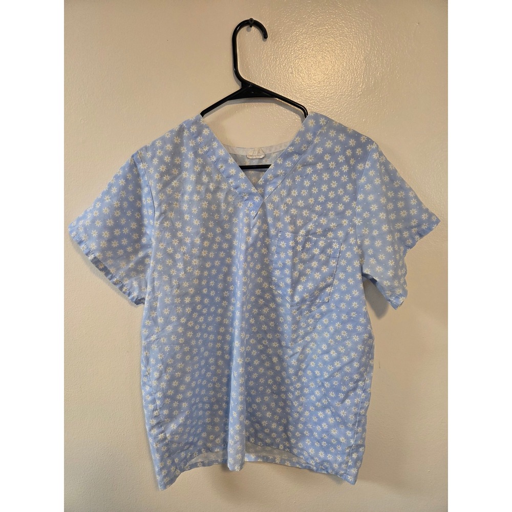 Tafford Blue Daisy Floral V-Neck Scrub Top Short Sleeve Medical Uniform Pocket